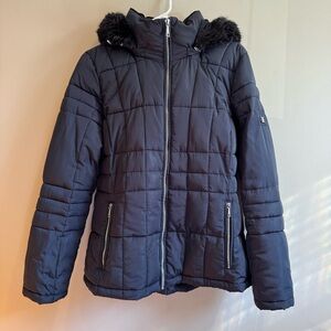Women Calvin Klein Dark Navy Puffer Jacket with Fur Hood